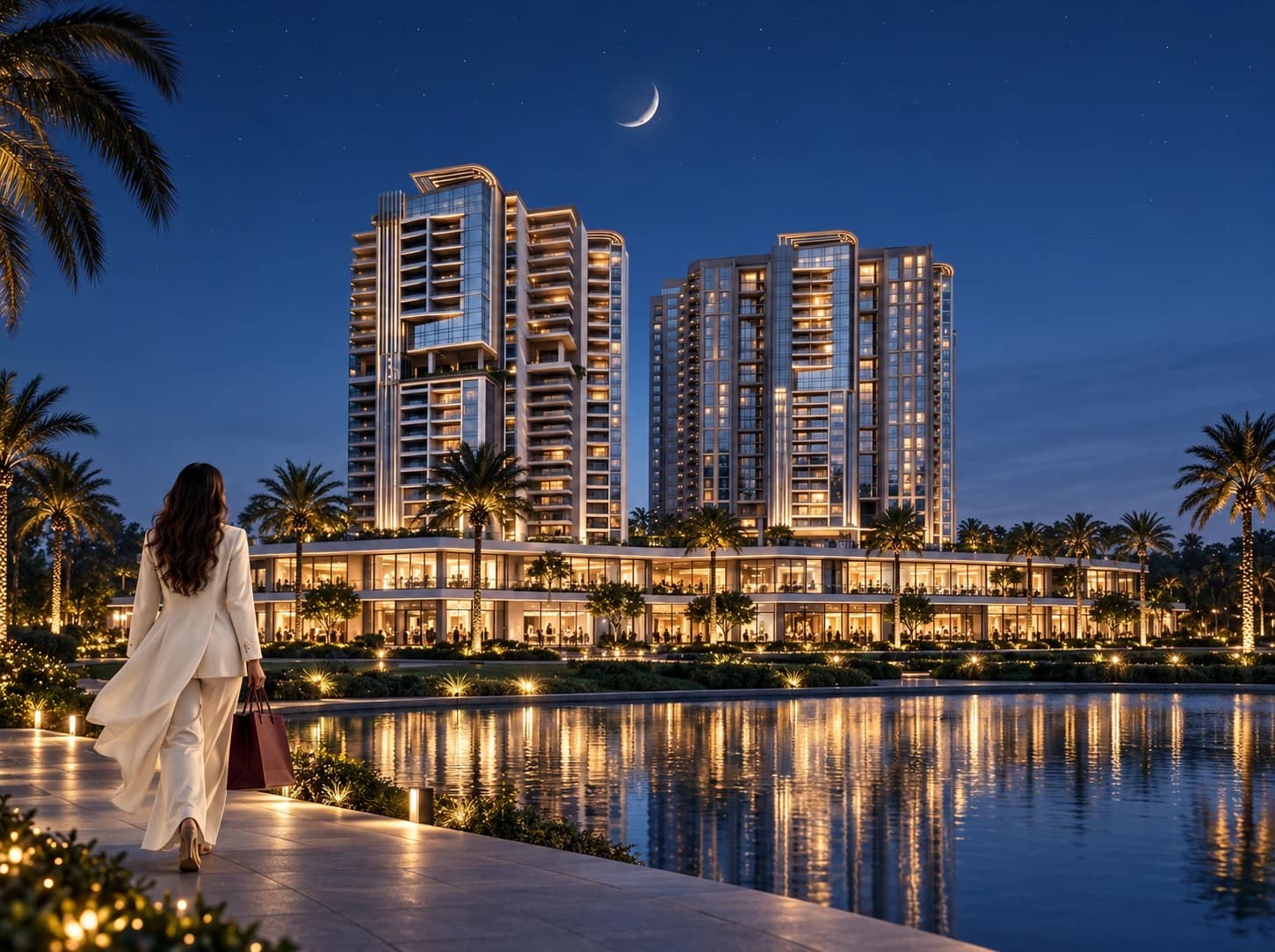 Elegant shopper walking beside the future Waterfront Mall, towers, and lake in Alexandria